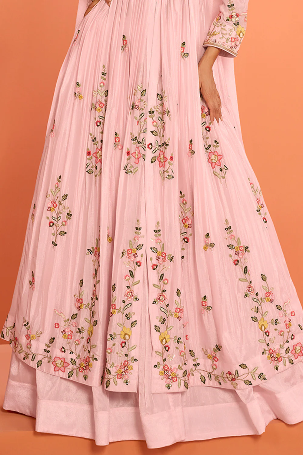Baby Pink Crepe Silk Embroidered Anarkali Suit With Skirt - Image 3