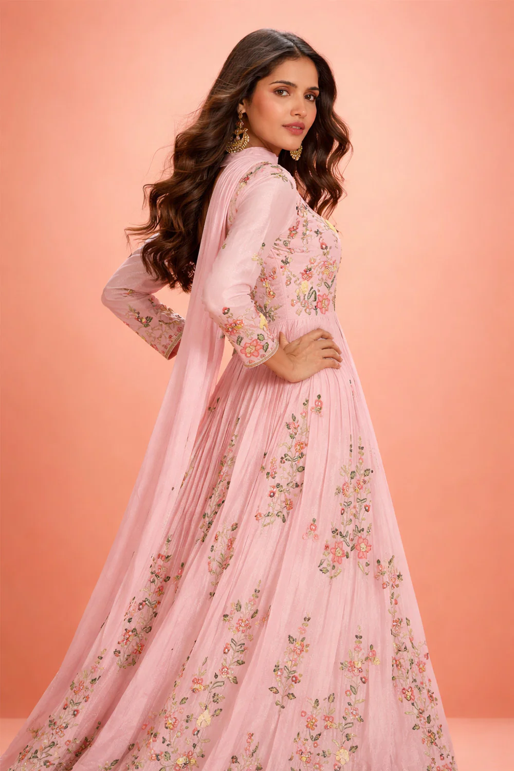 Baby Pink Crepe Silk Embroidered Anarkali Suit With Skirt - Image 4