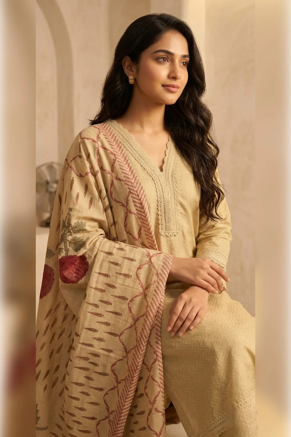 Beige Cotton Embroidered And Lace Work Suit Set - Image 3