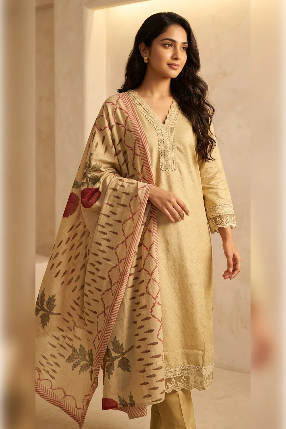 Beige Cotton Embroidered And Lace Work Suit Set - Image 4