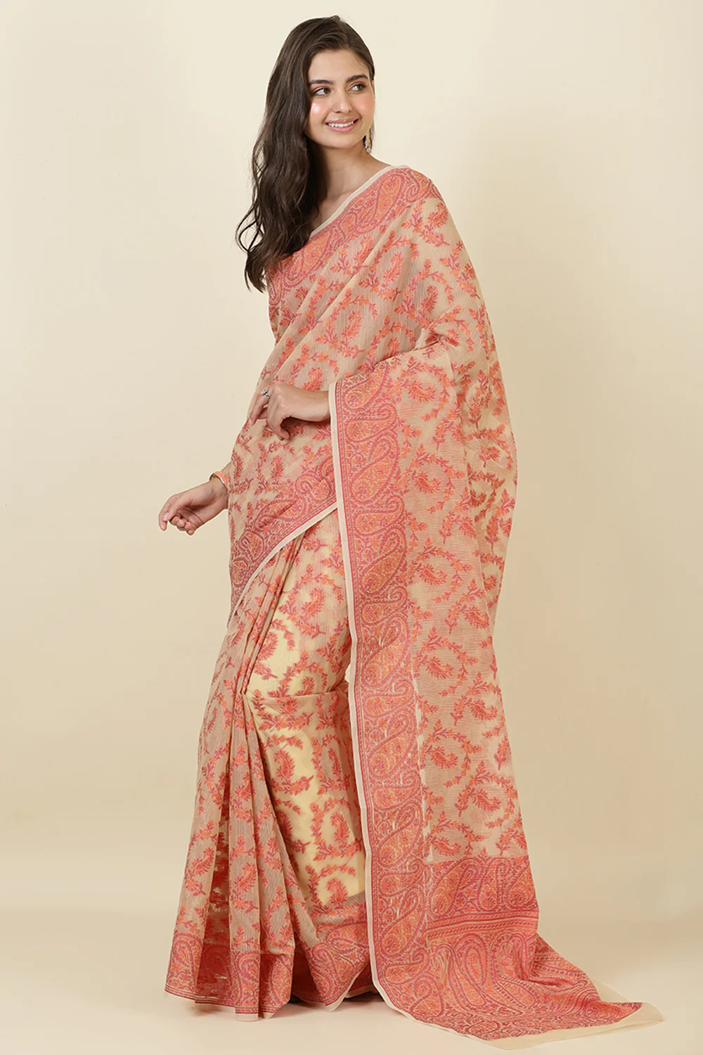 Beige Cotton Resham Woven Saree - Image 4