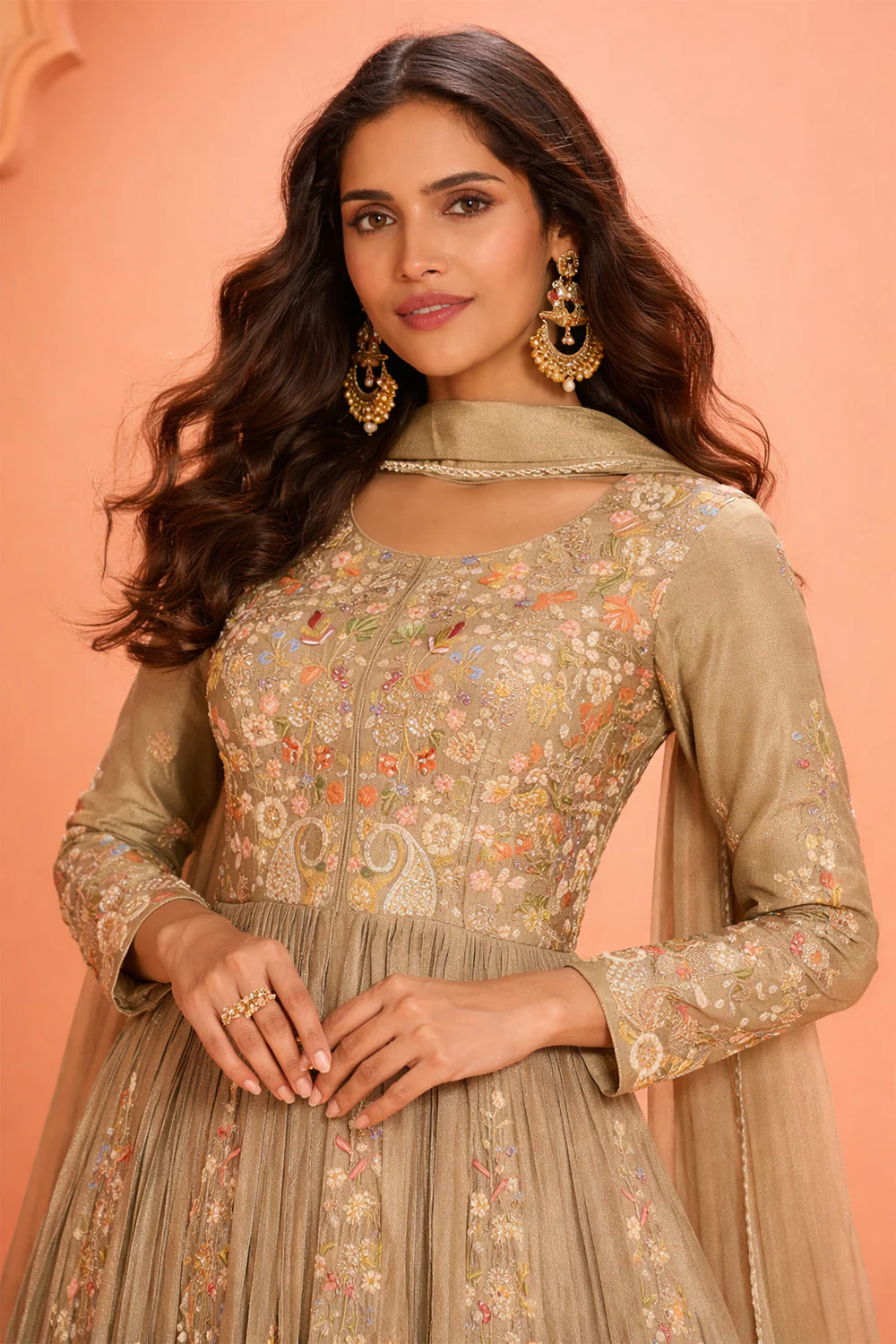 Beige Crepe Silk Embroidered Anarkali Suit With Skirt - Image 3