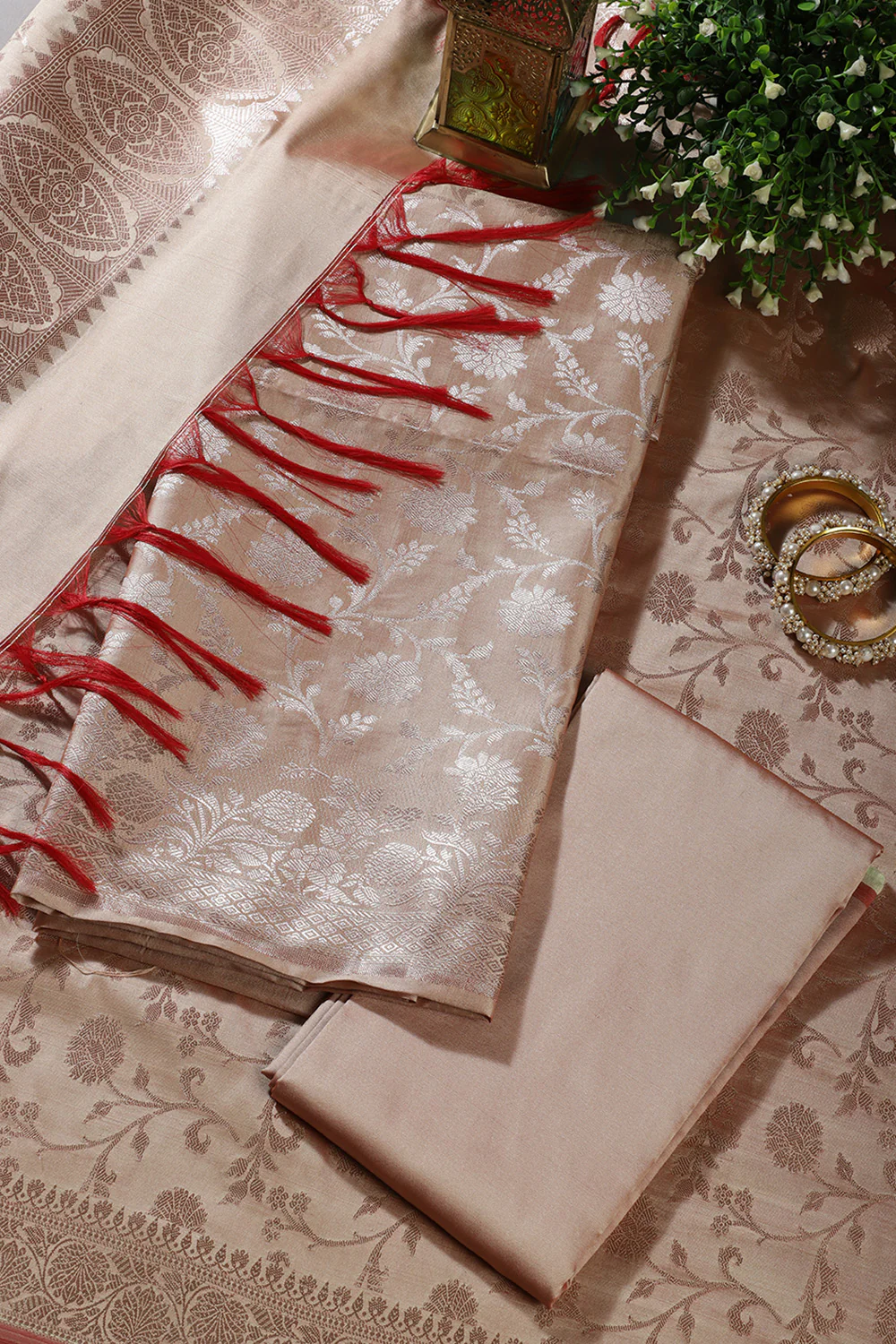 Beige Zari Floral Woven Silk Unstitched Suit Fabric - Image 3