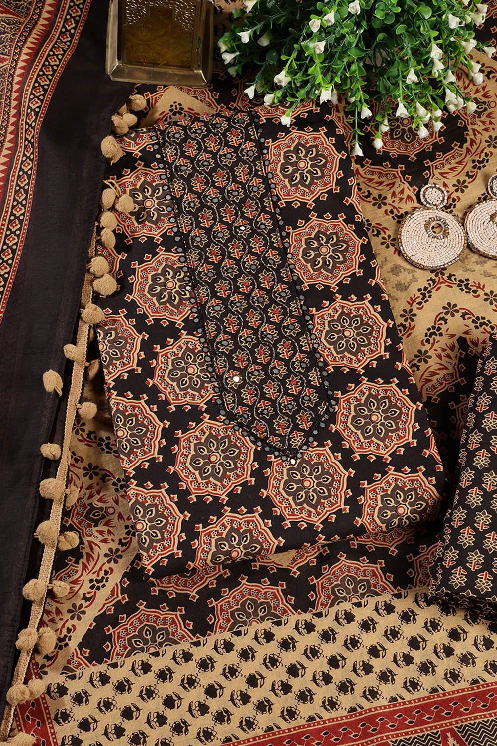 Black Cambric Cotton Printed And Mirror Wrok Unstitched Suit Material - Image 3