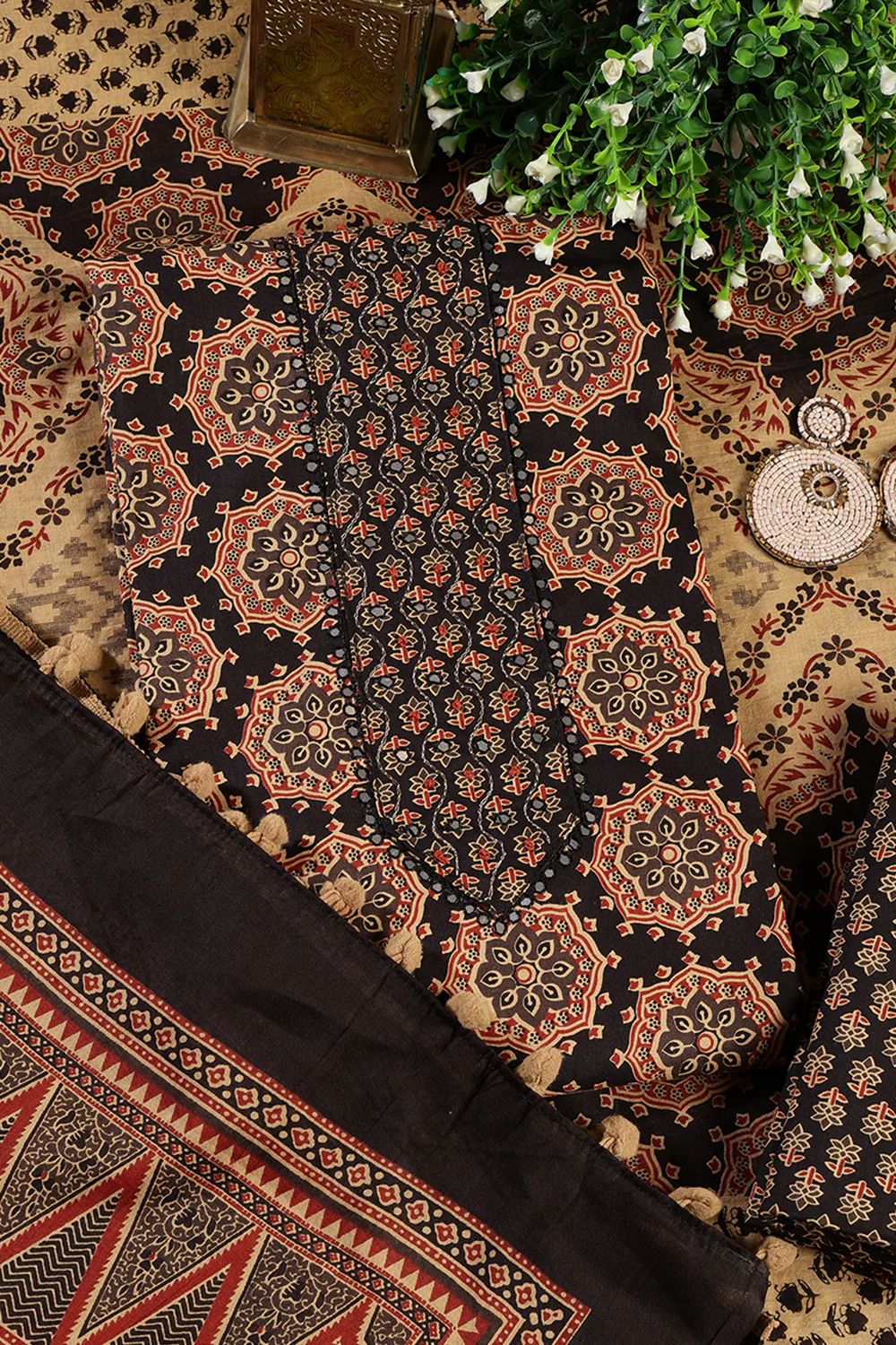 Black Cambric Cotton Printed And Mirror Wrok Unstitched Suit Material - Image 4
