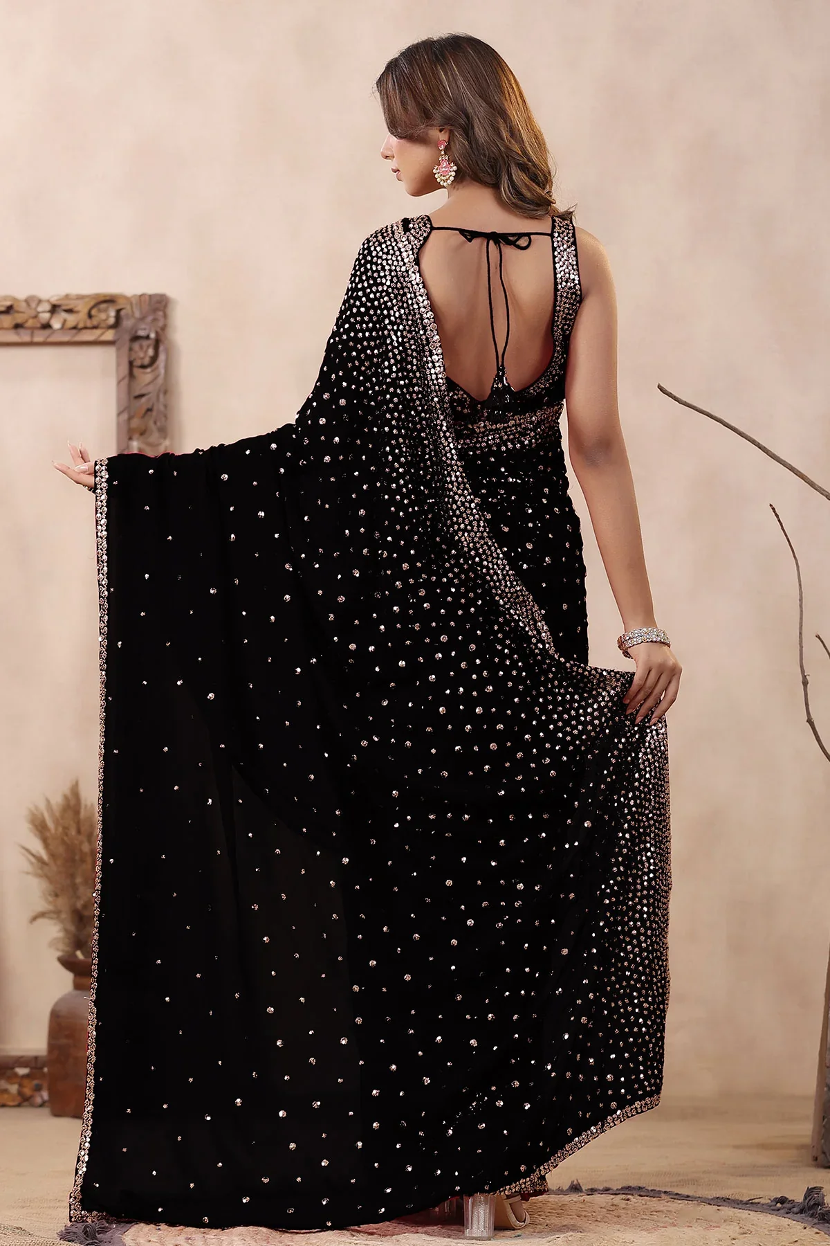 Black Color Embroidered Georgette Saree With Readymade Blouse - Image 3