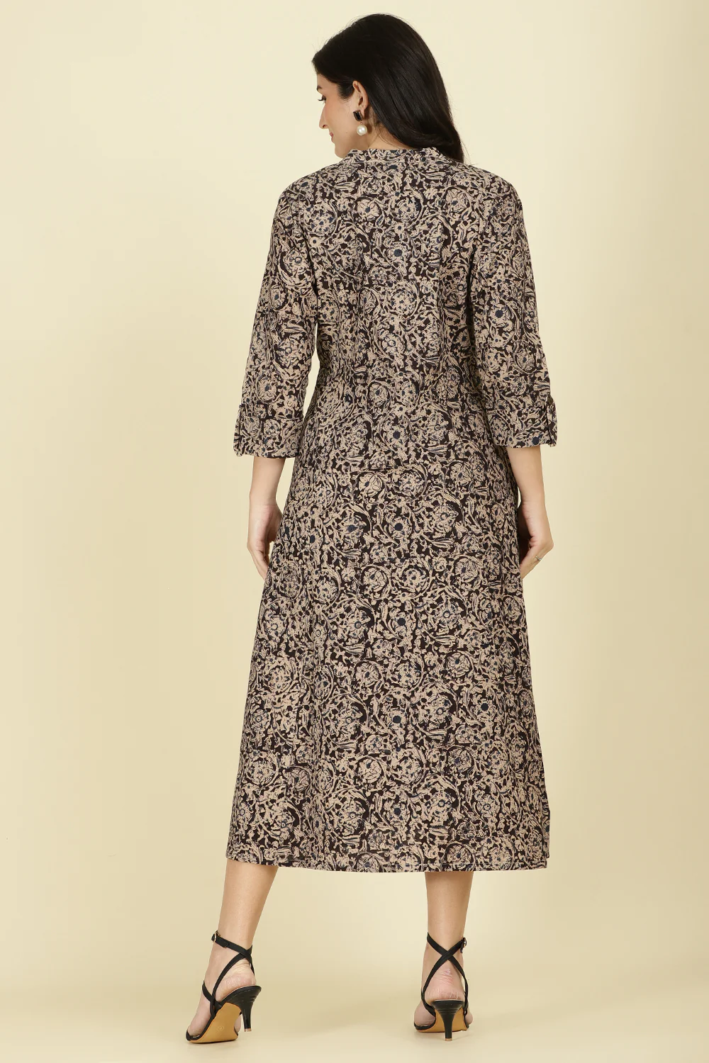 Black Cotton Kalamkari Printed Peonies Dress - Image 3