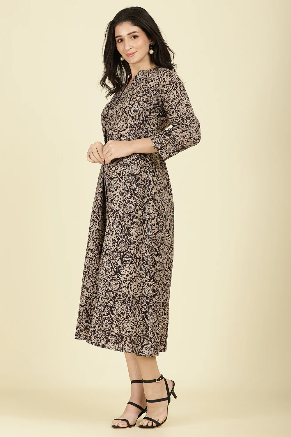 Black Cotton Kalamkari Printed Peonies Dress - Image 4