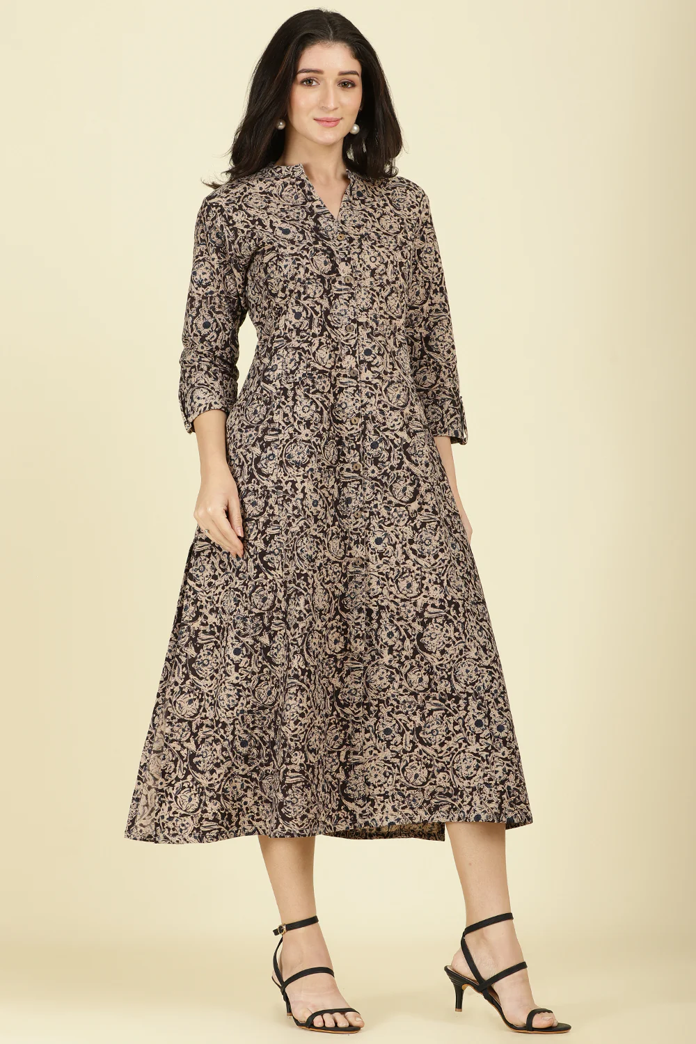 Black Cotton Kalamkari Printed Peonies Dress - Image 5