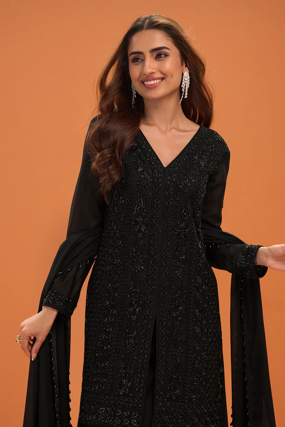 Black Crepe Silk Embroidered Suit With Palazzo - Image 3