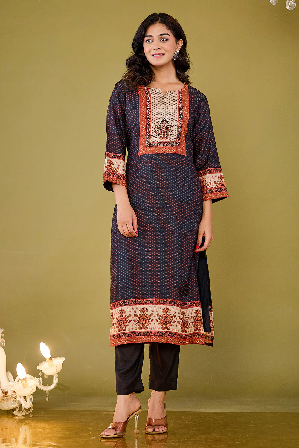 Black Crepe Silk Printed Straight Suit - Image 2