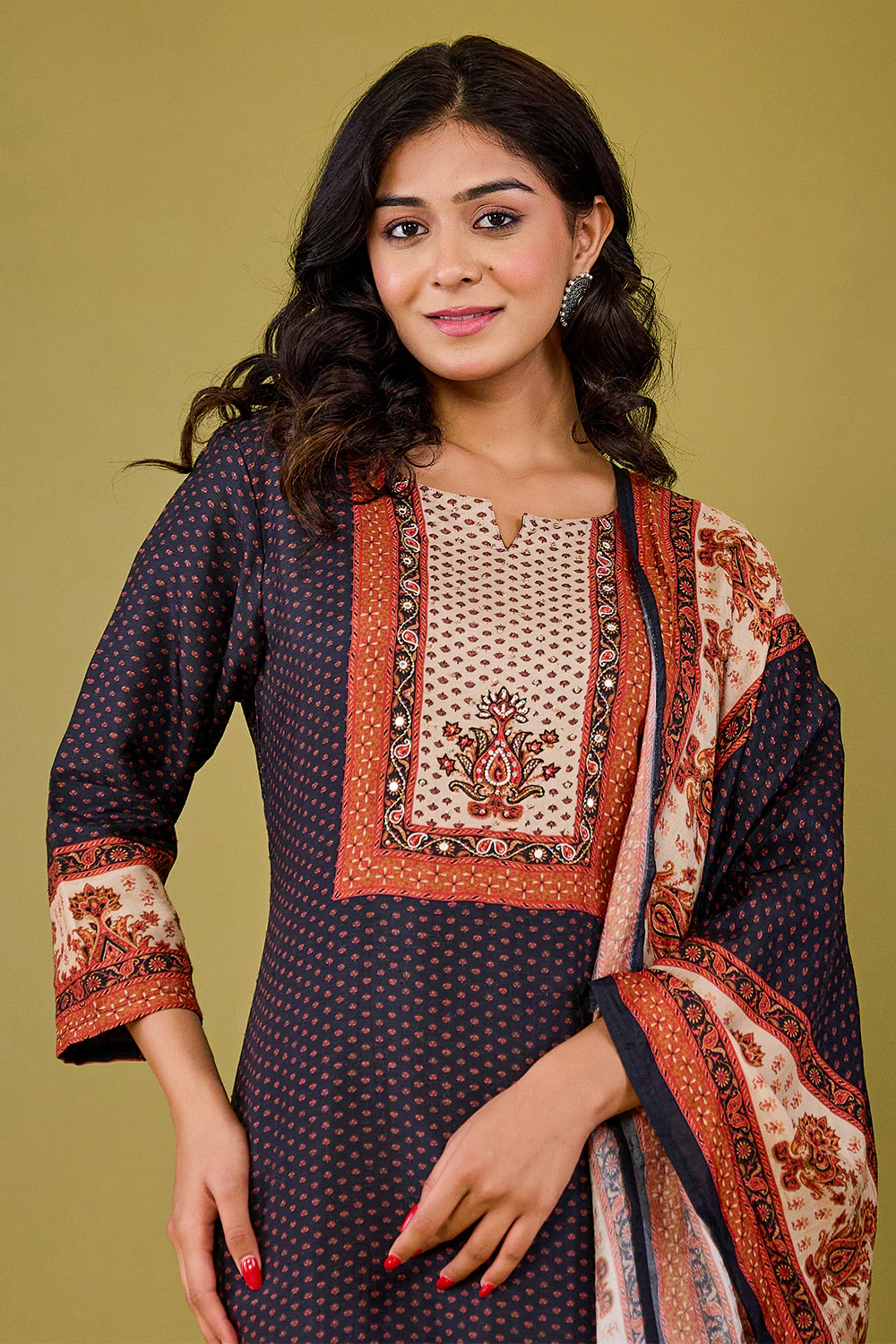 Black Crepe Silk Printed Straight Suit - Image 3