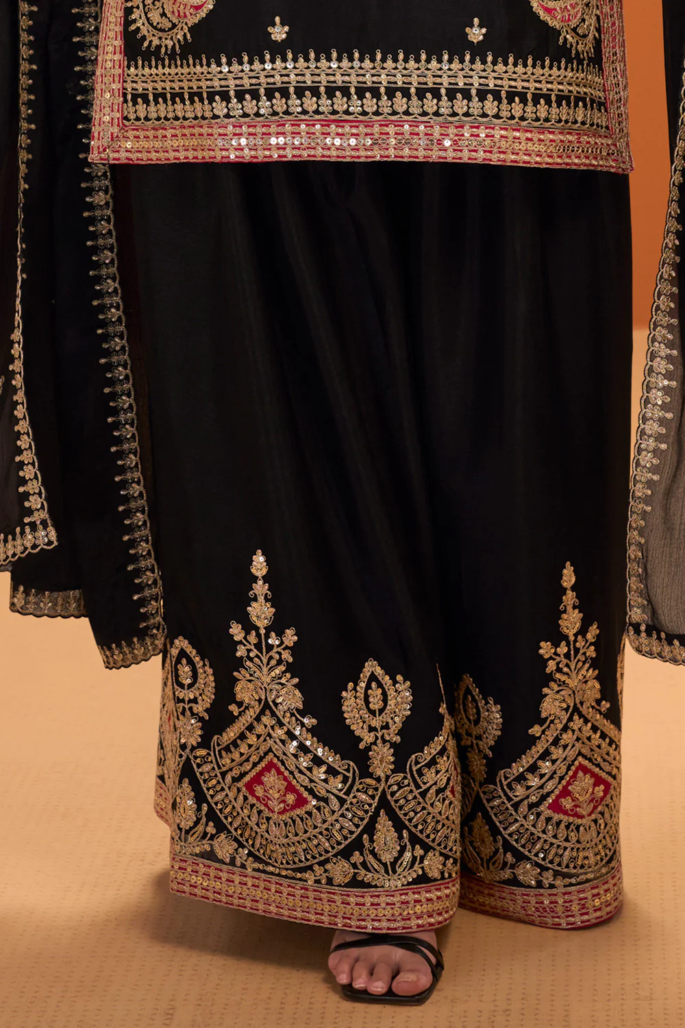 Black Crepe Silk Zari and Sequins Embroidered Suit With Embroidered Palazzo - Image 3