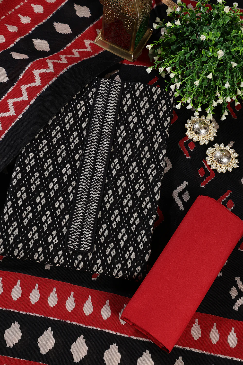 Black Ikkat Cotton Printed Unstitched Suit Material - Image 3