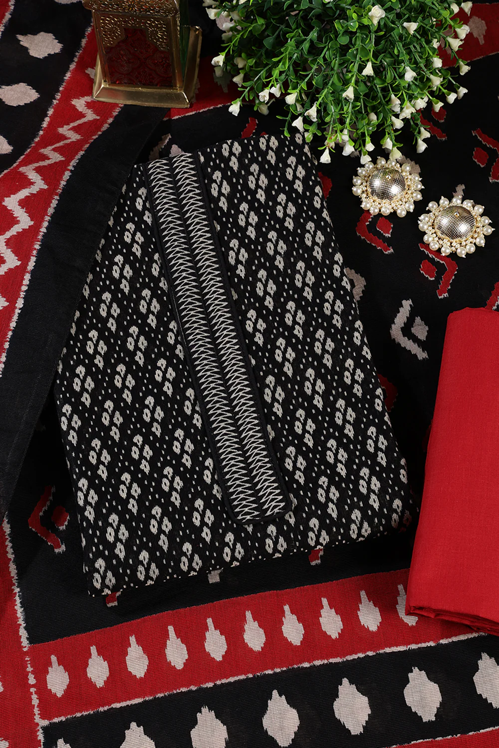 Black Ikkat Cotton Printed Unstitched Suit Material - Image 4