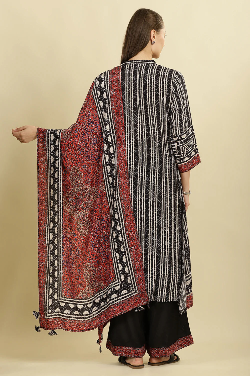 Black Muslin Ajrakh Printed Suit with Palazzo - Image 3