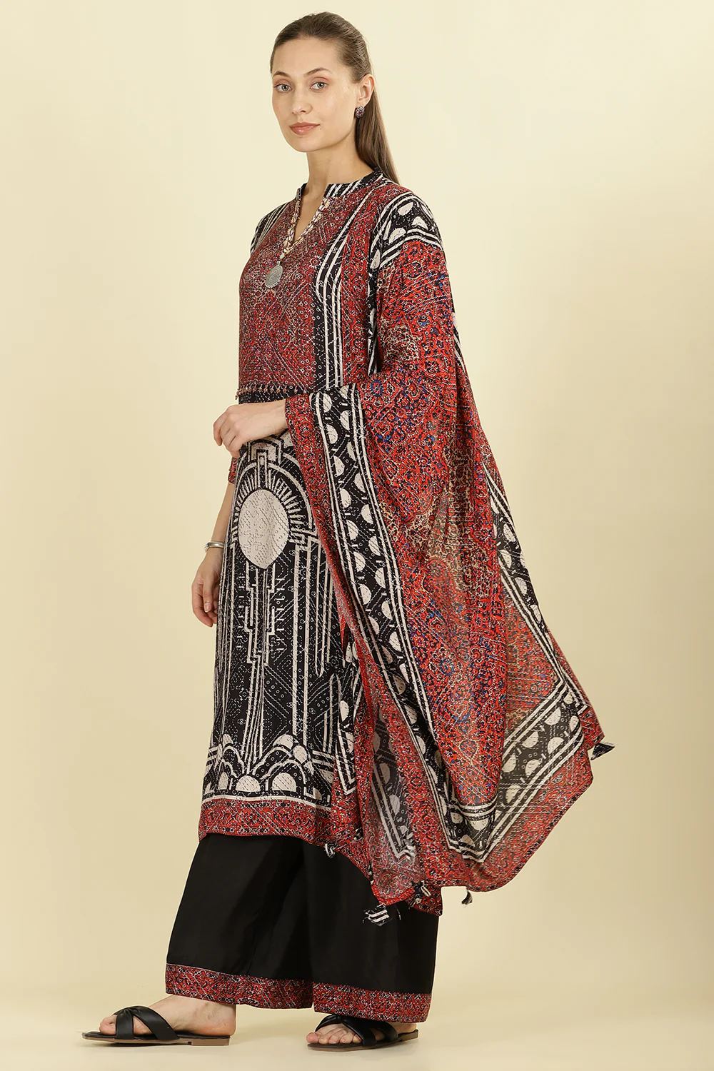 Black Muslin Ajrakh Printed Suit with Palazzo - Image 4