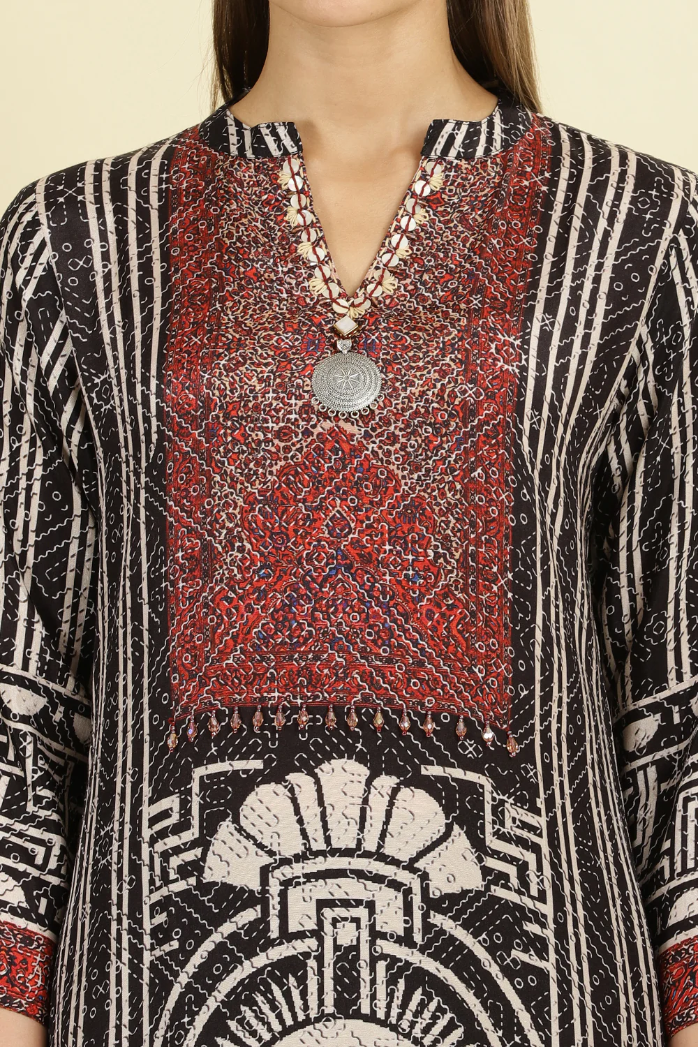 Black Muslin Ajrakh Printed Suit with Palazzo - Image 6