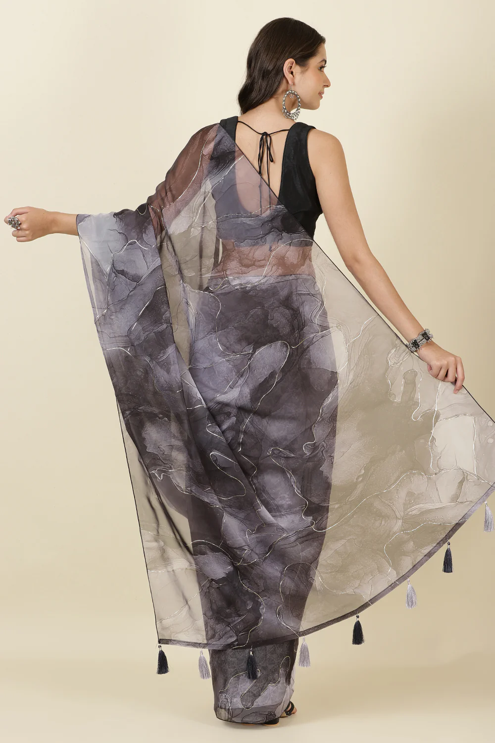 Black Printed Organza Saree - Image 3