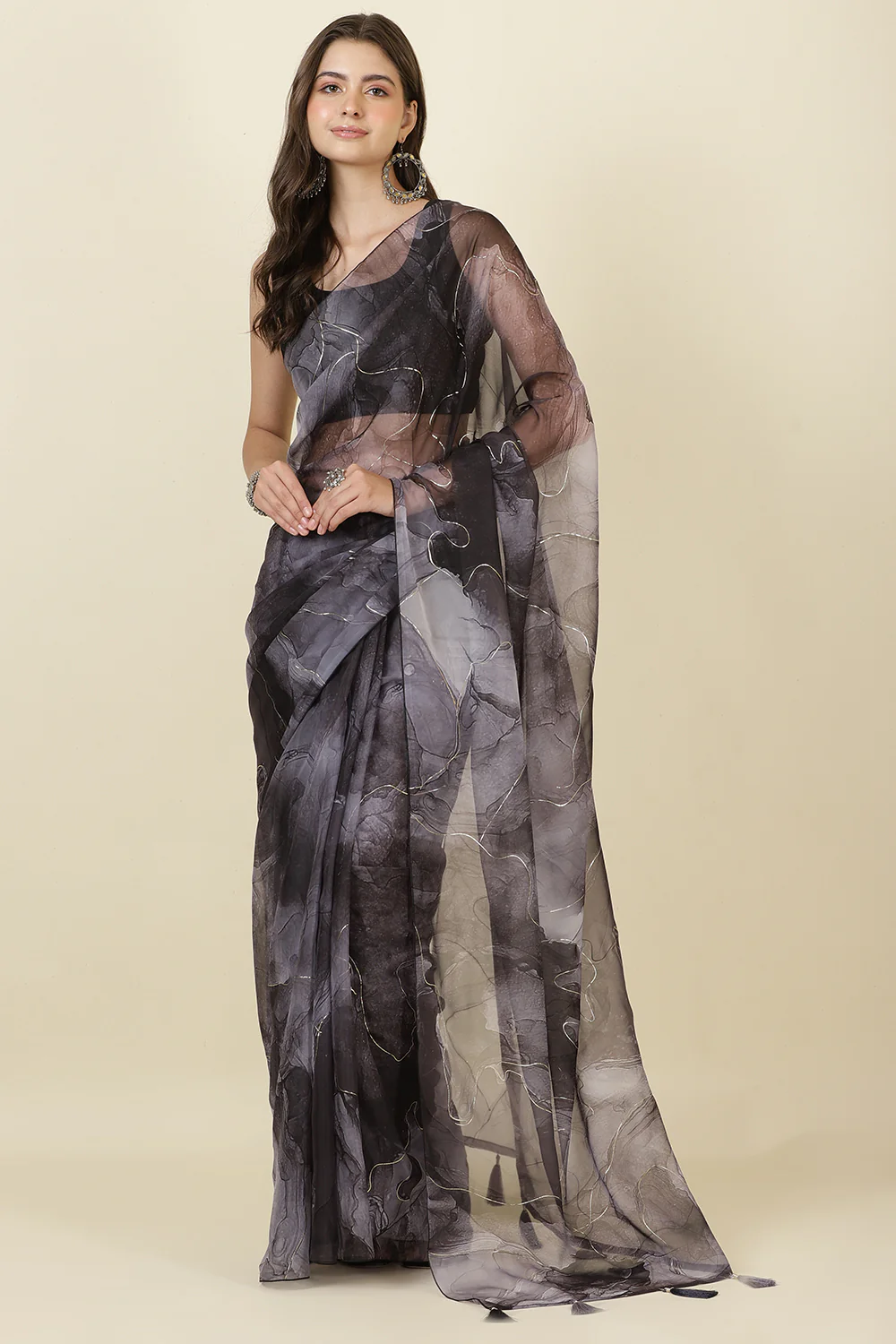 Black Printed Organza Saree - Image 7