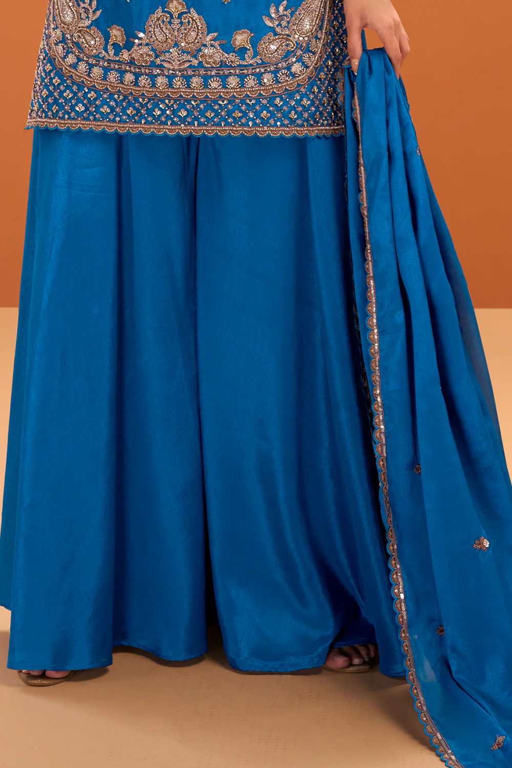 Blue Crepe Silk Cut-Dana And Sequins Embroidered Suit With Palazzo - Image 3