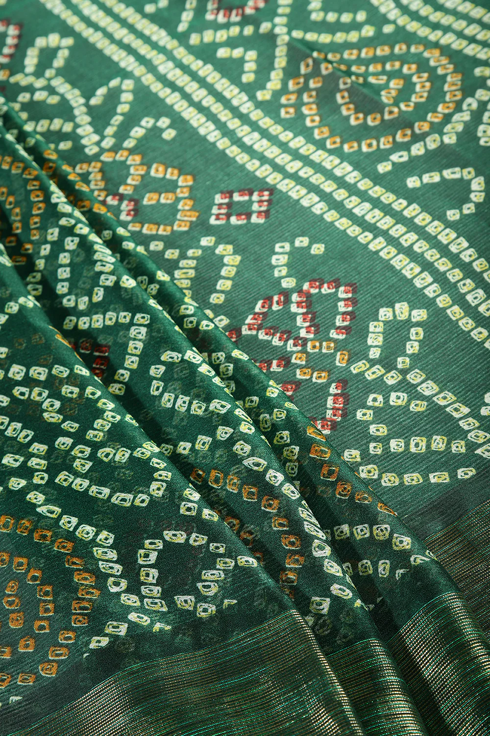 Bottle Green Color Chiffon Bandhani Printed Saree - Image 3