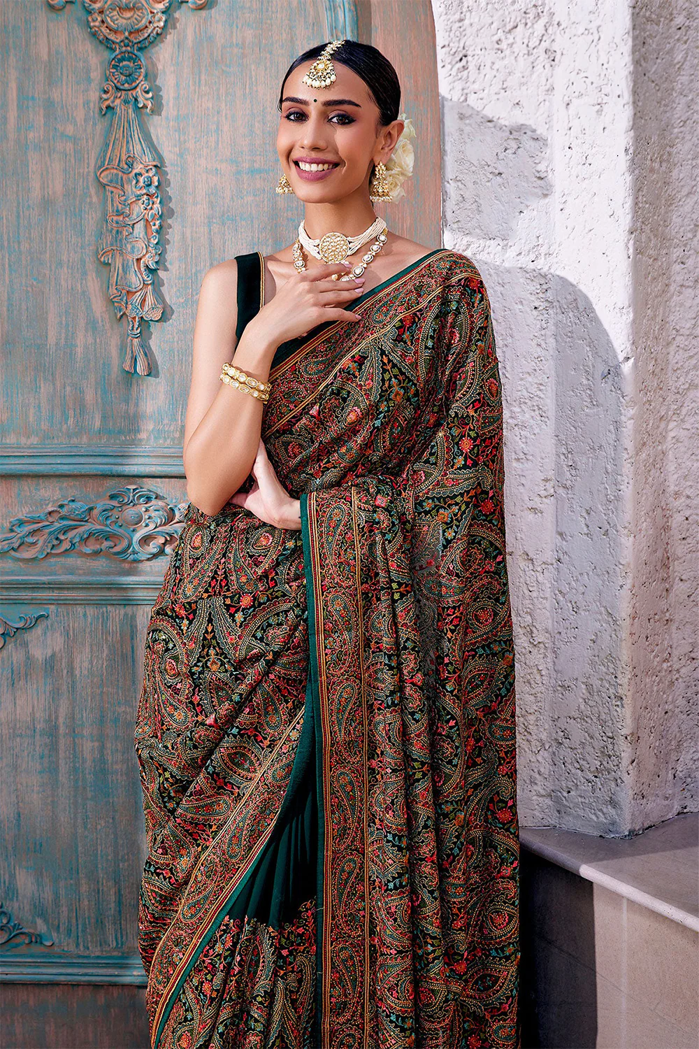 Bottle Green Color Embroidered Georgette Saree - Image 3
