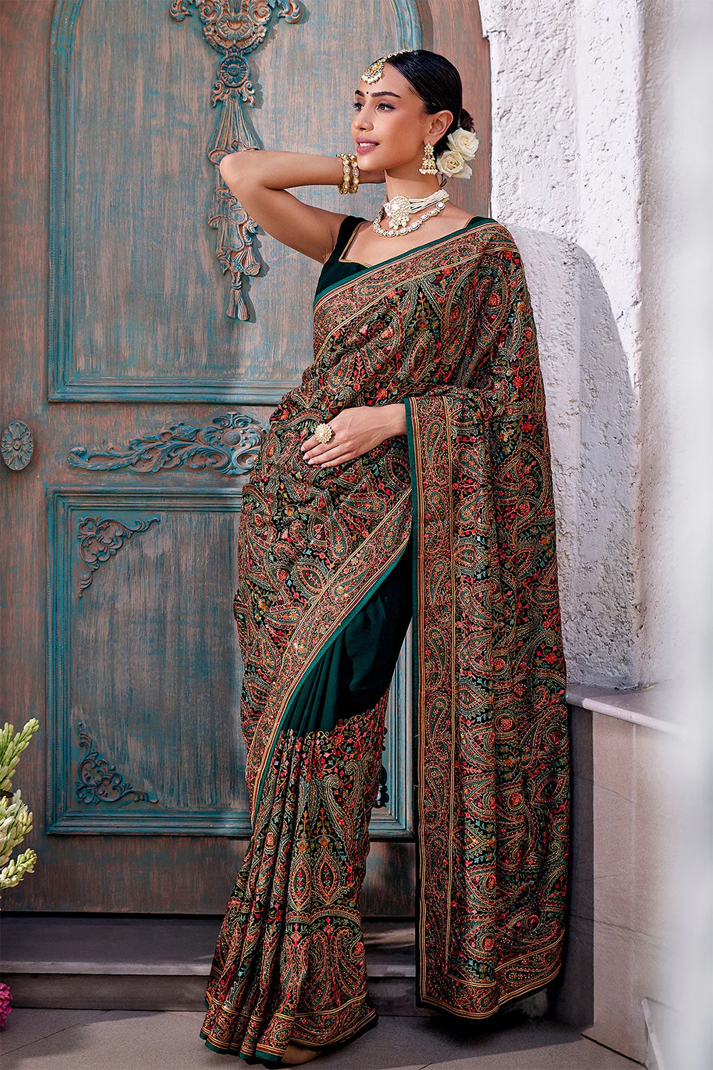 Bottle Green Color Embroidered Georgette Saree - Image 4