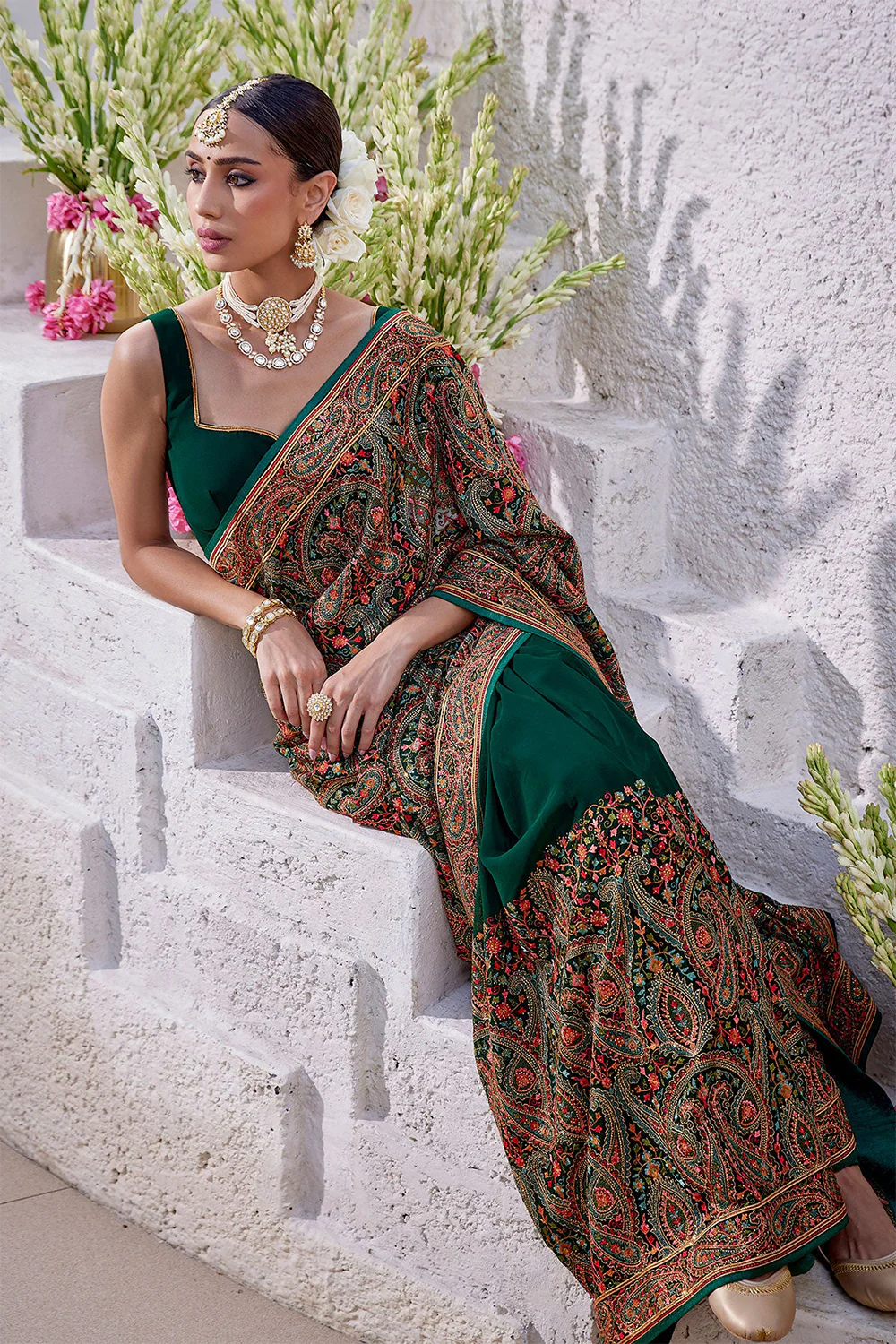 Bottle Green Color Embroidered Georgette Saree - Image 5