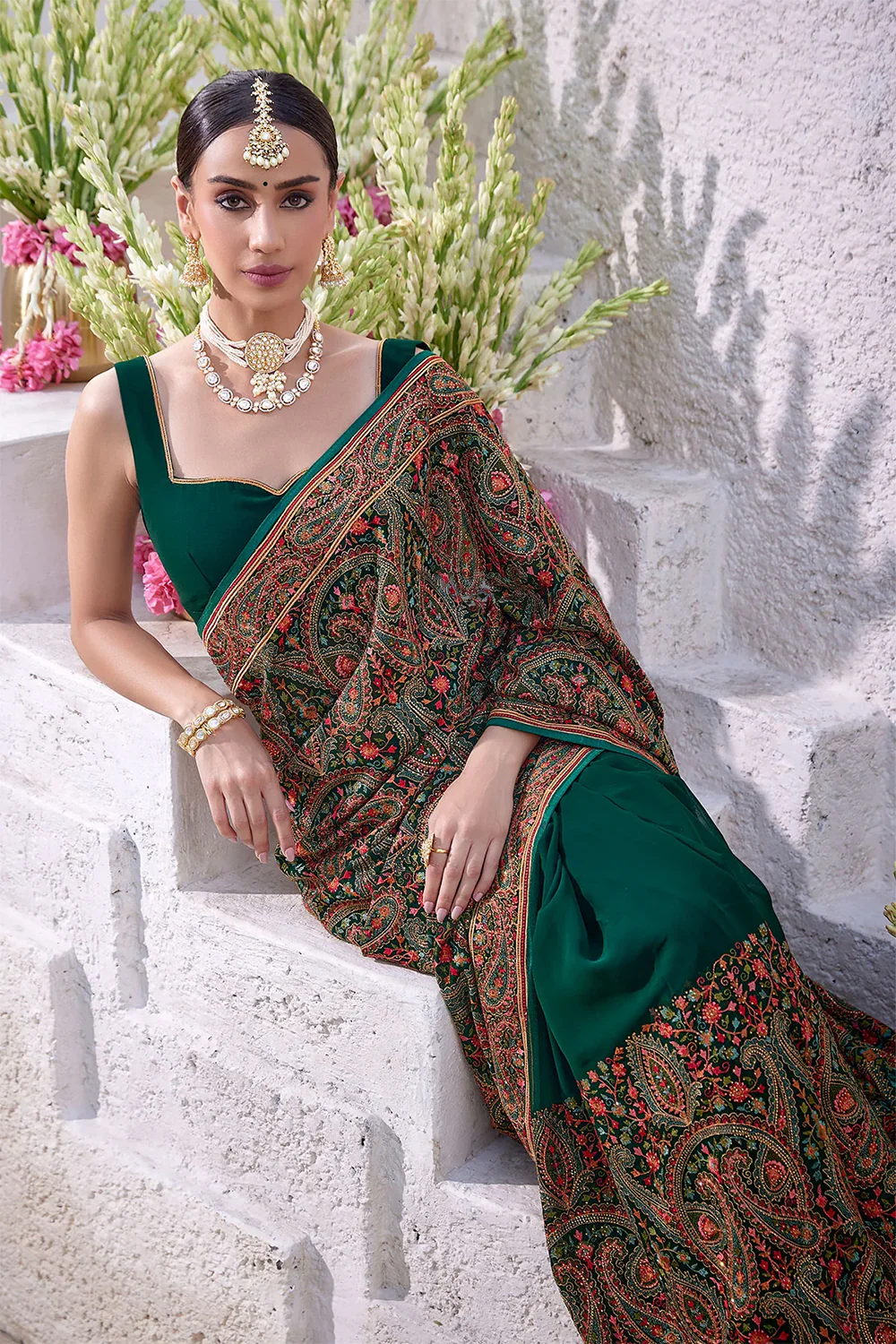 Bottle Green Color Embroidered Georgette Saree - Image 7