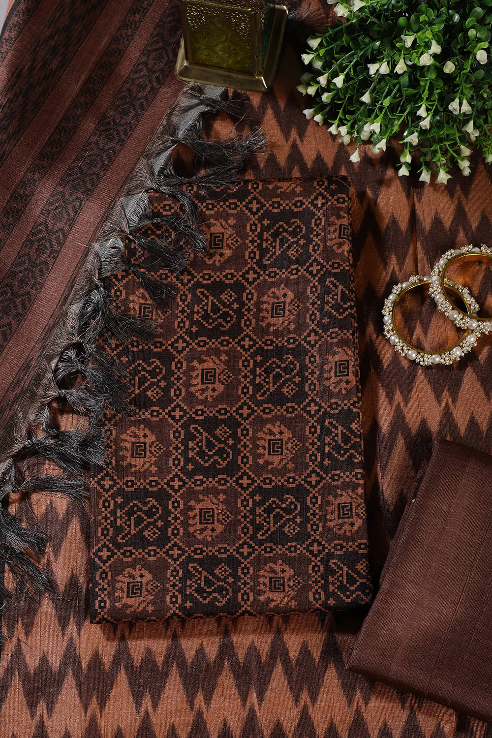 Brown Chanderi Cotton Digital Printed Unstiched Suit Material - Image 3