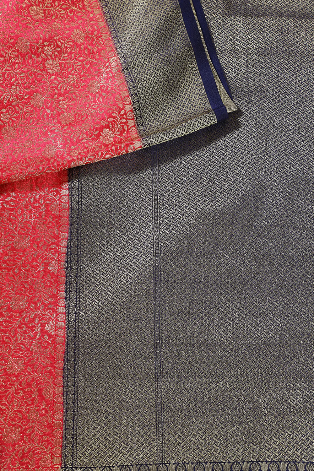 Cherry Red And Navy Floral Zari Woven Sarees - Image 2