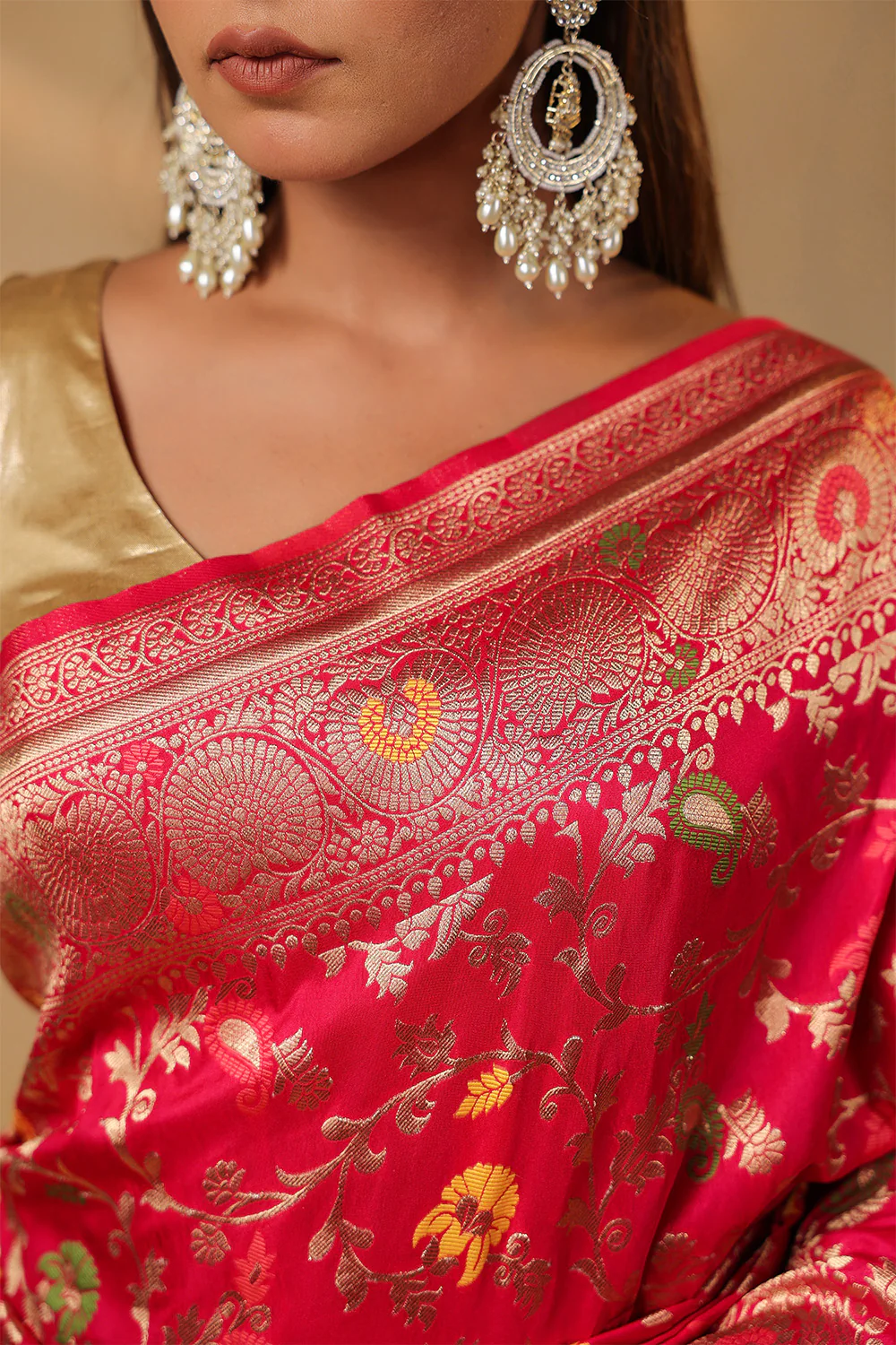Cherry Red Colour Silk Zari & Resham Woven Saree - Image 13
