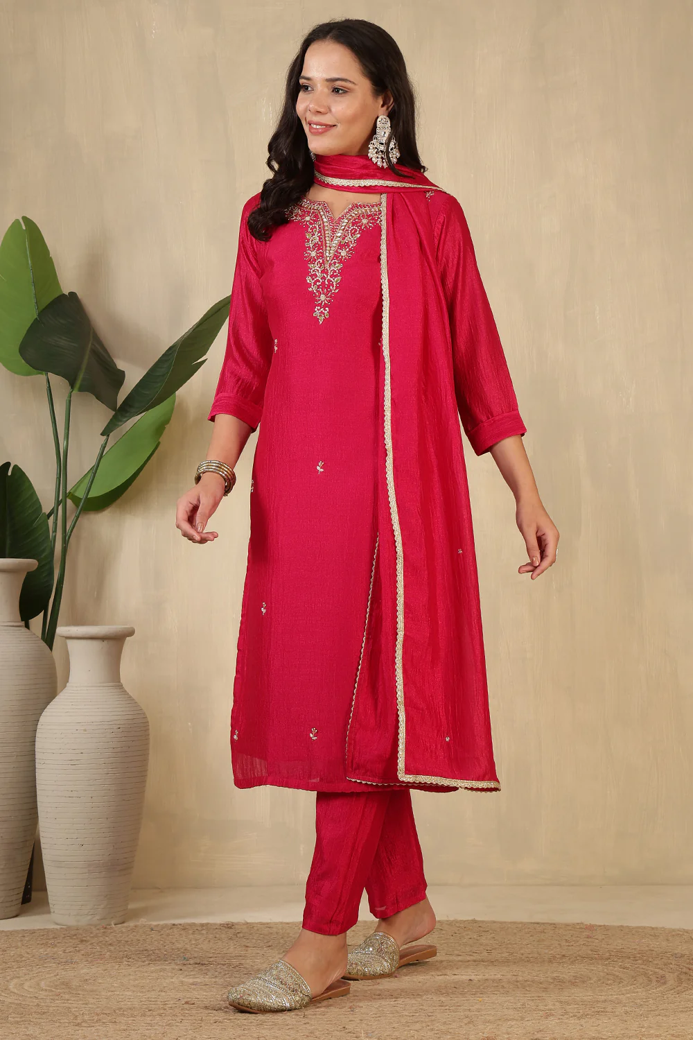 Cherry Red Crepe Silk Neck Embroidered Suit - Image 2