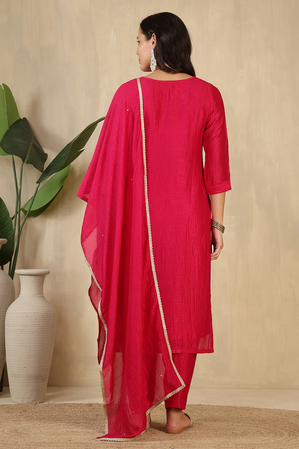 Cherry Red Crepe Silk Neck Embroidered Suit - Image 3