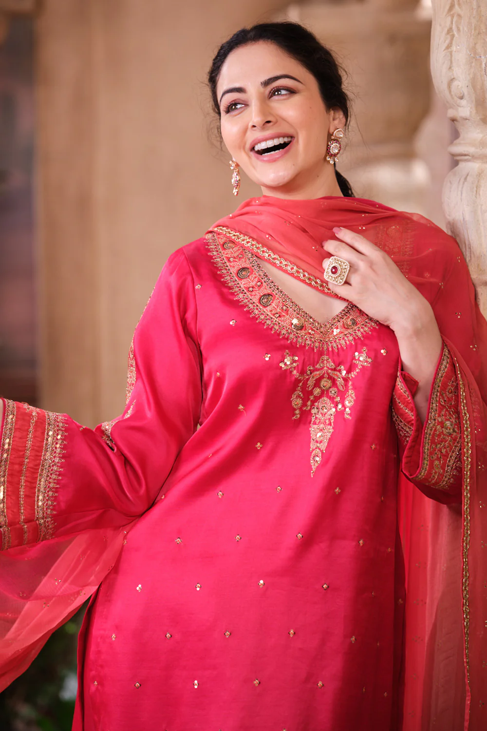 Cherry Red Pure Silk Sequins And Zari Embroiderd Suit Set - Image 2