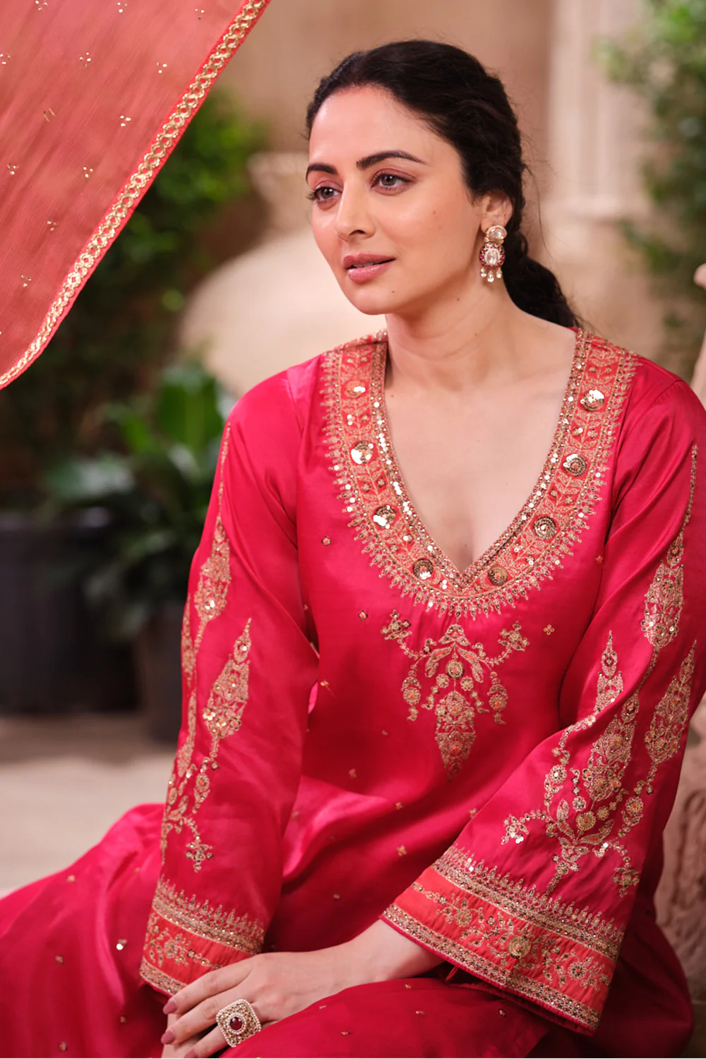 Cherry Red Pure Silk Sequins And Zari Embroiderd Suit Set - Image 5