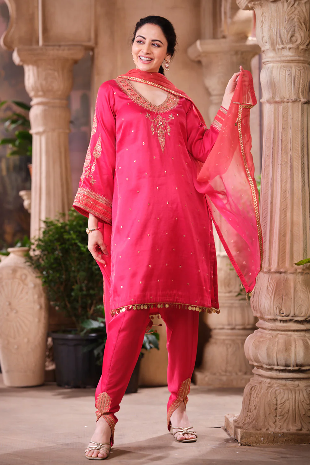Cherry Red Pure Silk Sequins And Zari Embroiderd Suit Set - Image 7