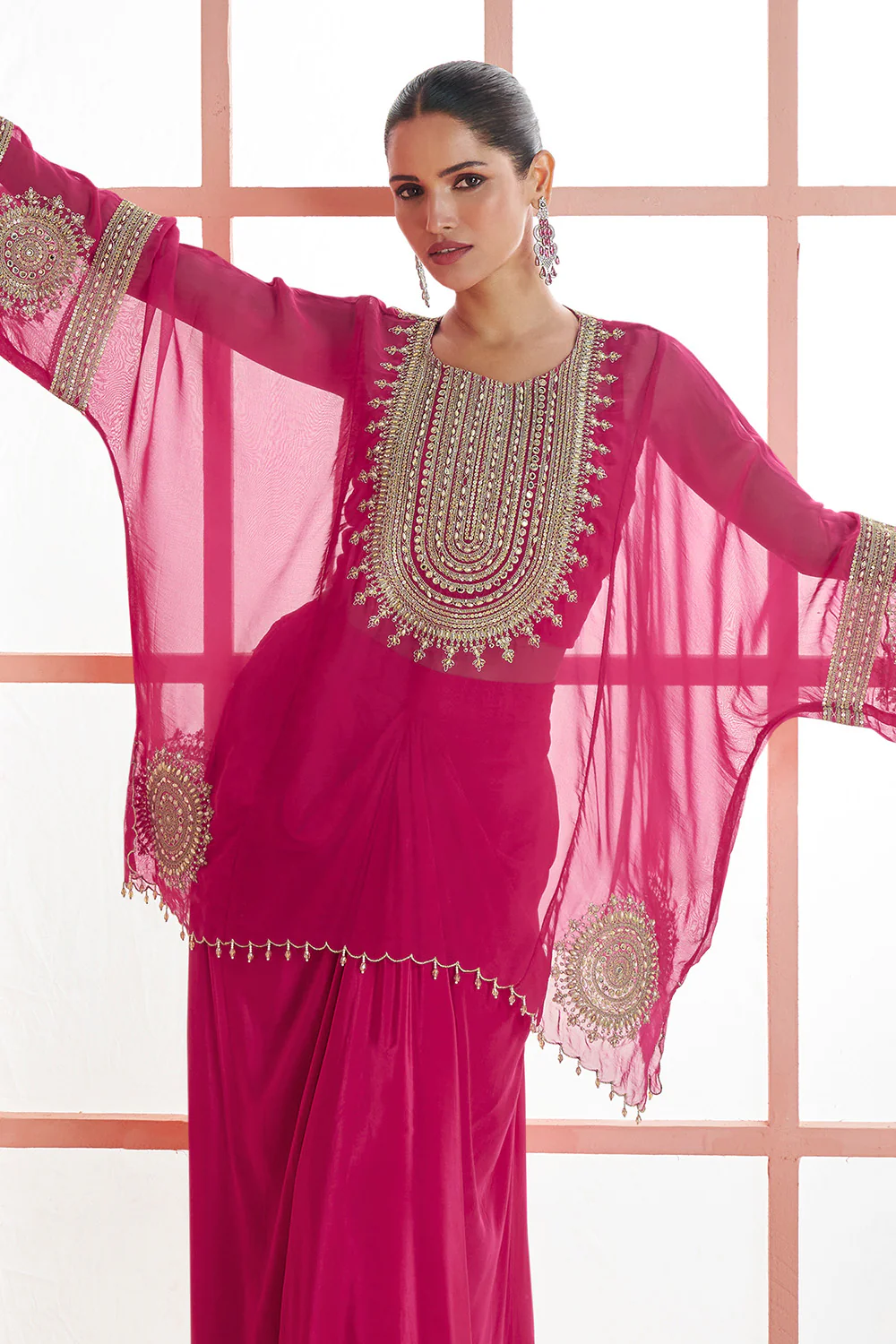 Cherry Red Tissue Silk Embroidered Kaftan, Crepe Silk Blouse And Dhoti Style Pants - Image 3