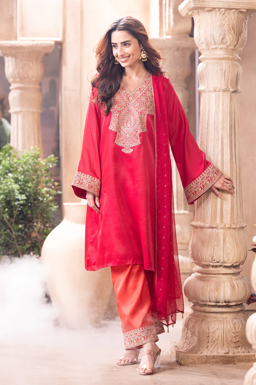 Cherry Red Zari & Sequins Embroidered Silk Suit - Image 4