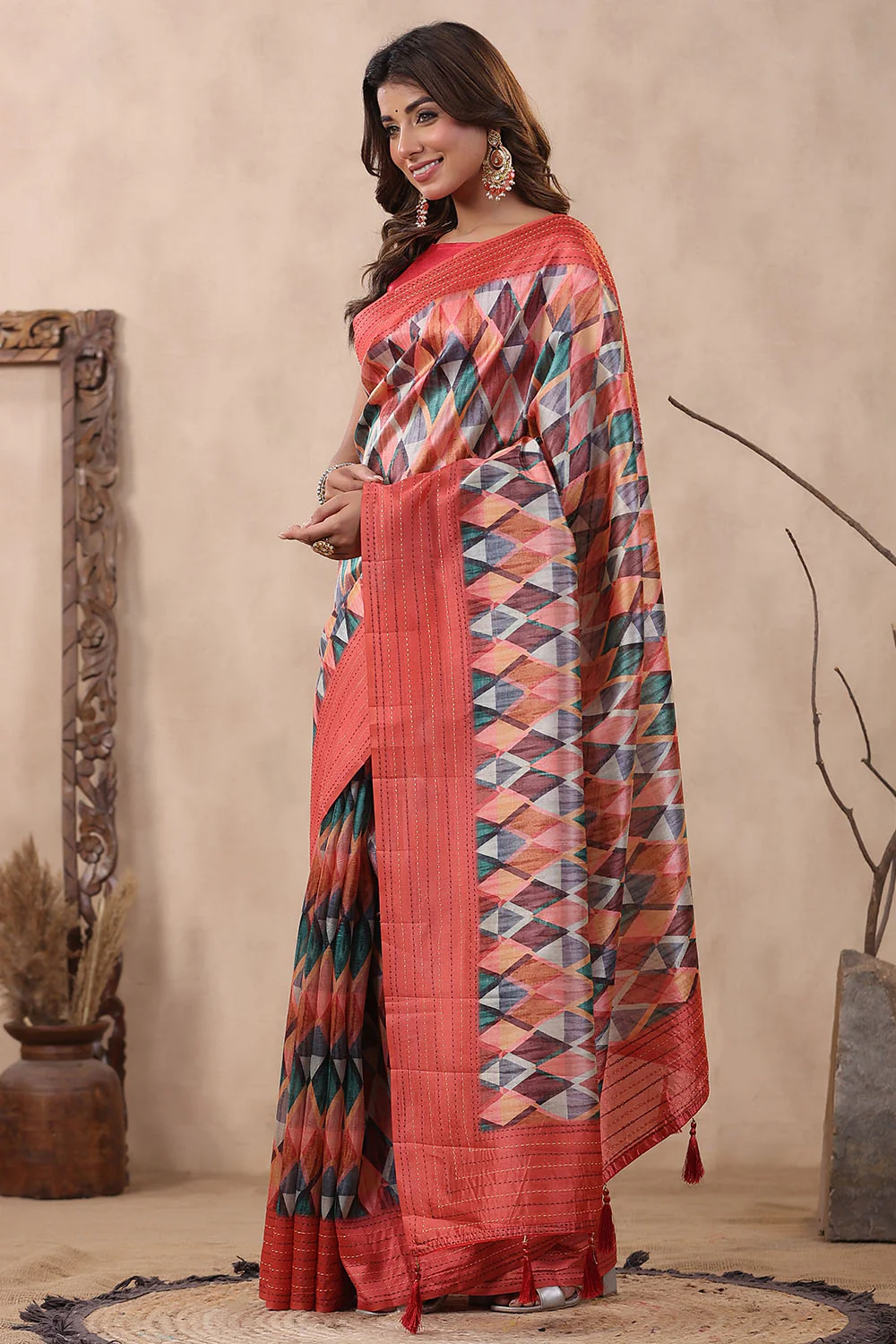 Coral Color Tussar Cotton Printed Saree - Image 3