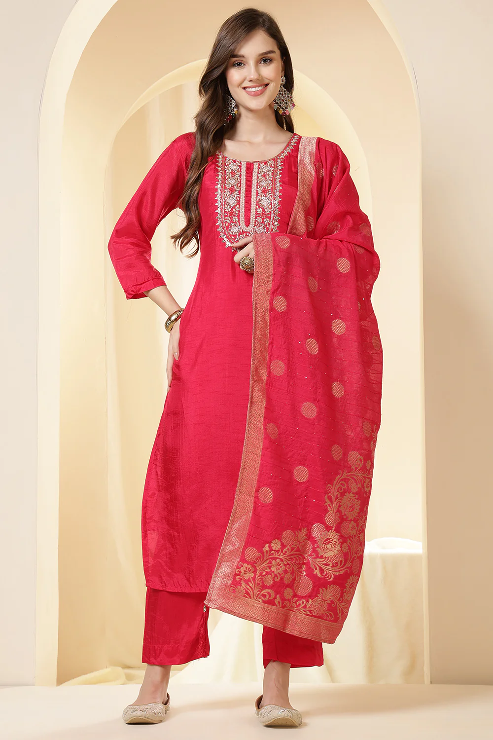 Coral Pink Color Silk Suit Set With Neck Embroidered - Image 3
