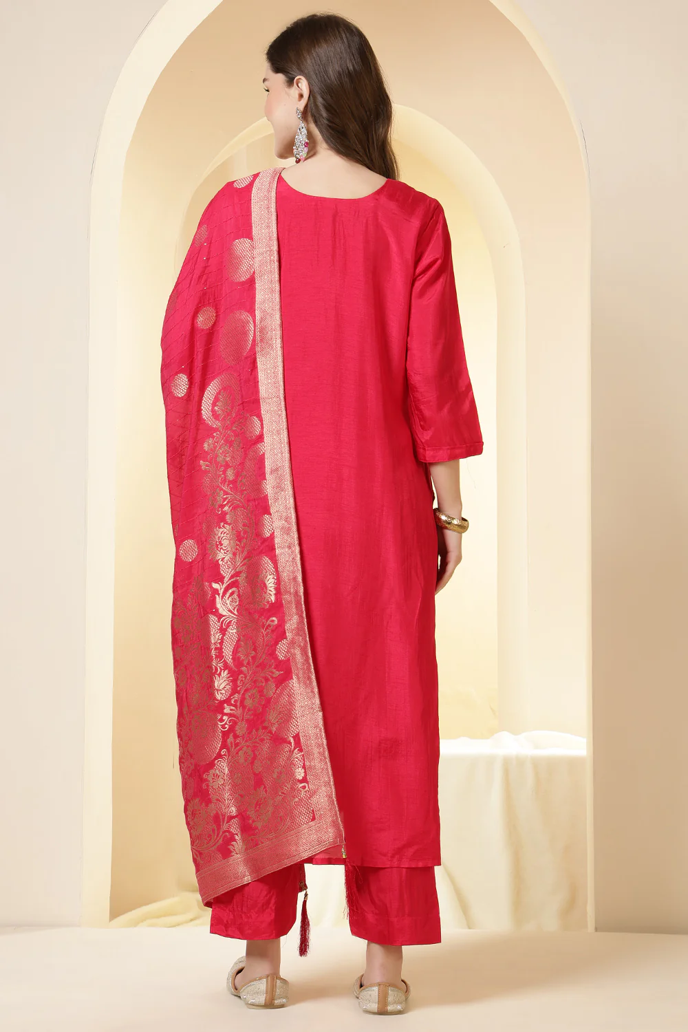 Coral Pink Color Silk Suit Set With Neck Embroidered - Image 6