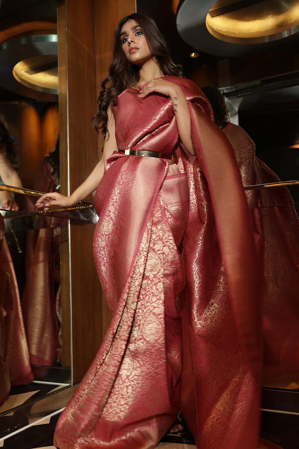 Coral Pink Color Weaving Silk Saree. - Image 3