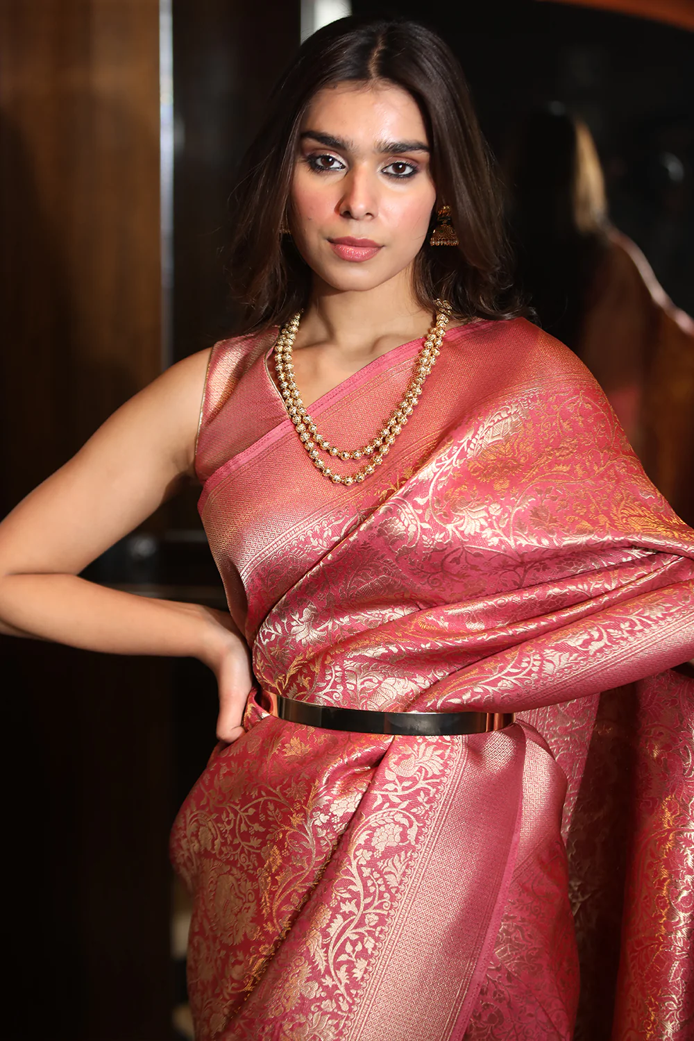 Coral Pink Color Weaving Silk Saree. - Image 5