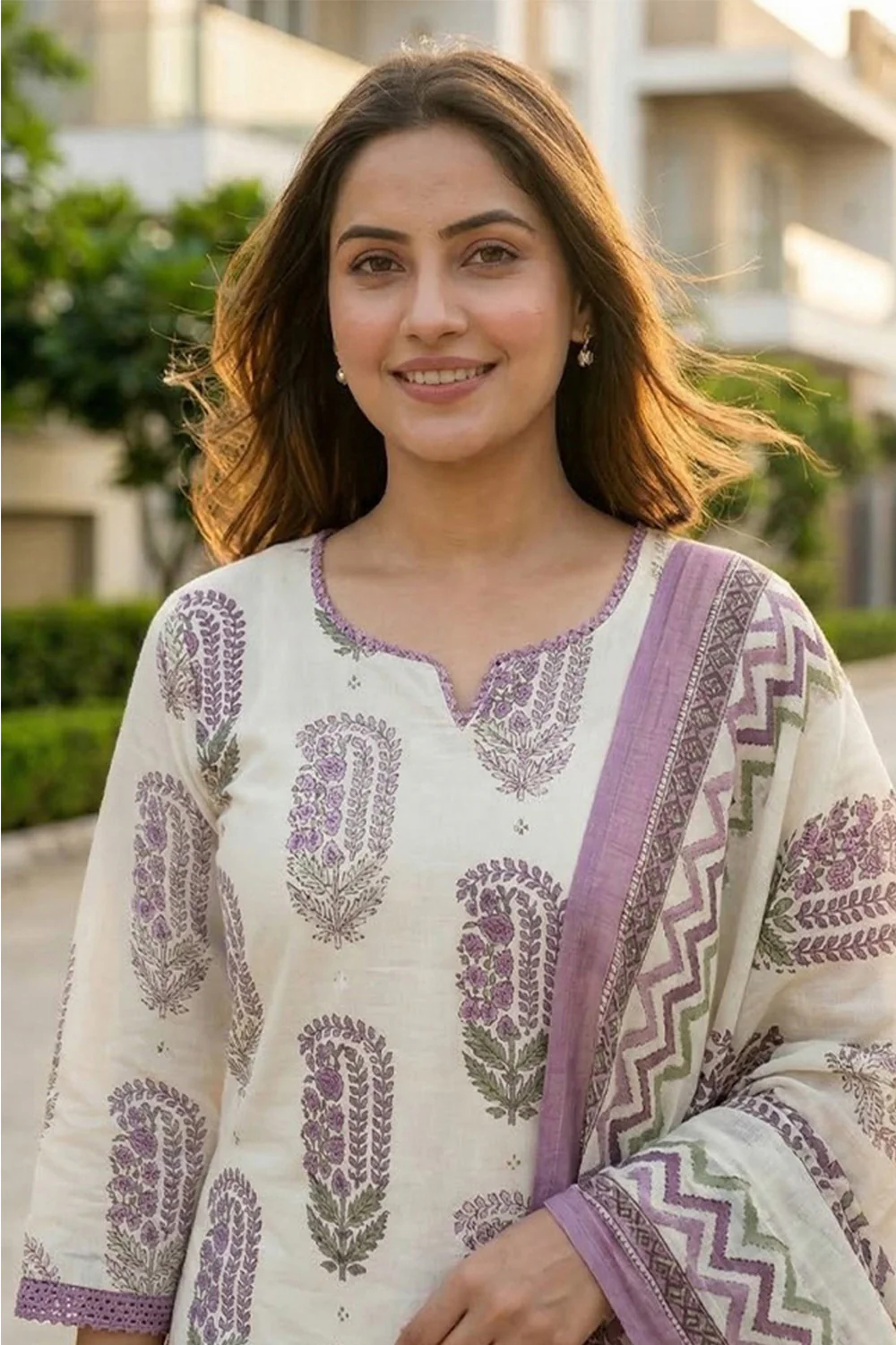 Cream And Mauve Hand-Block Printed Cotton Suit - Image 3