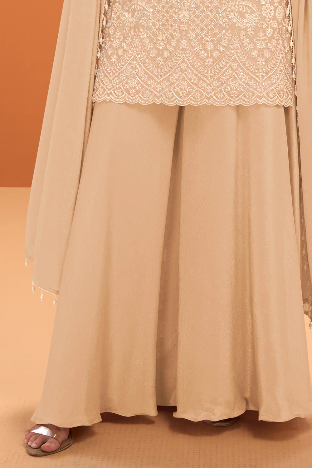 Cream Crepe Silk Cut-Dana And Resham Embroidered Suit With Palazzo - Image 3