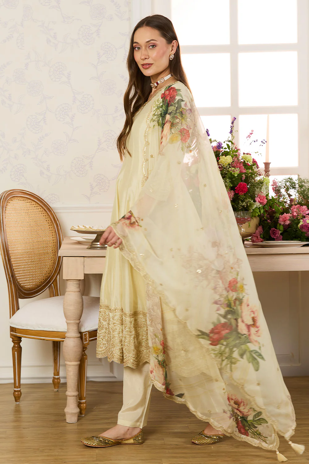 Cream Embroidered Crepe Silk Anarkali Suit - Image 10