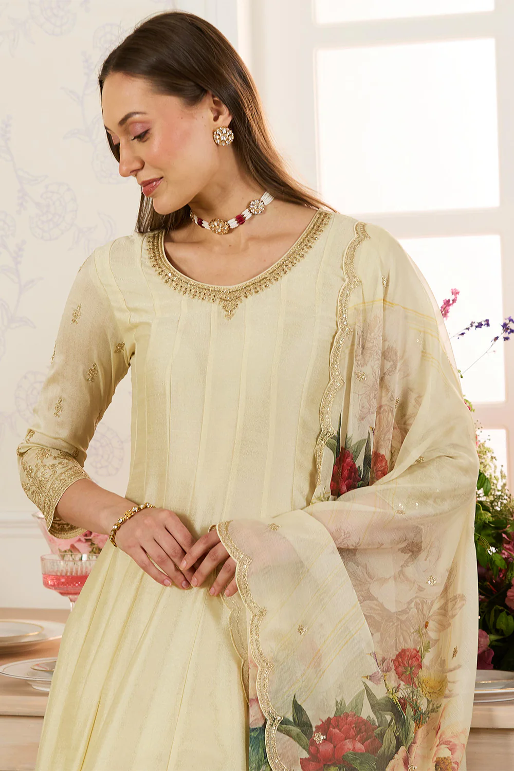 Cream Embroidered Crepe Silk Anarkali Suit - Image 11