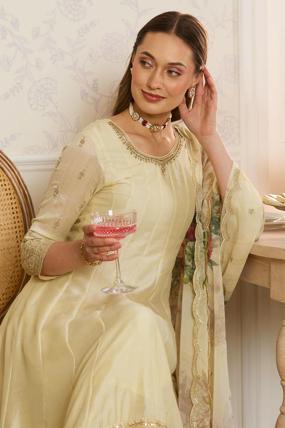 Cream Embroidered Crepe Silk Anarkali Suit - Image 13